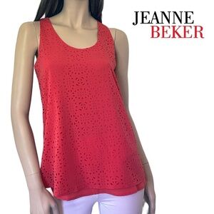 Jeanne Beker Top Tank Blouse Laser Cut Design Sleeveless Cheater Cut Pullover